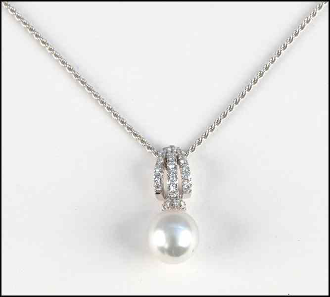 Appraisal: DIAMOND PEARL AND KARAT WHITE GOLD NECKLACE round diamonds are