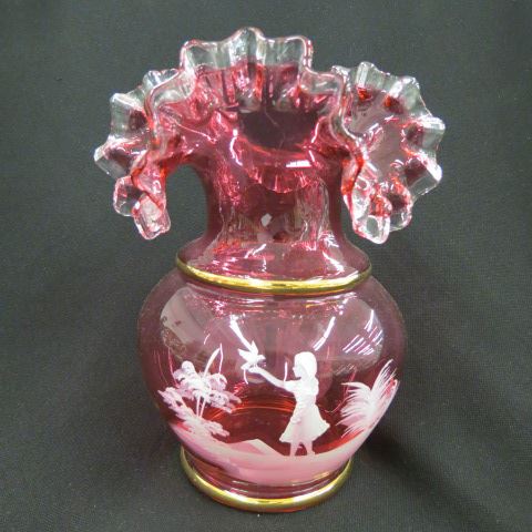 Appraisal: Cranberry Art Glass Pitcher white enameled Mary Gregory style decoration