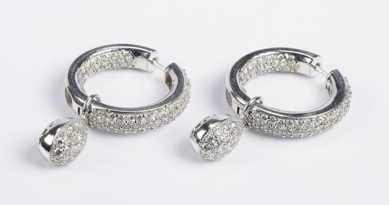 Appraisal: Diamond Hoop Earrings with Drops K K Pair diamond hoop