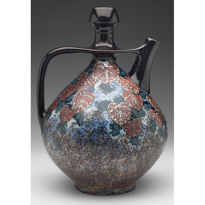 Appraisal: Amphora handledvessel large bulbous shape iridescentglaze with boldly painted leaves