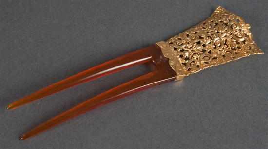 Appraisal: Victorian gold-plated and celluloid hair comb engraved '' '' approximately