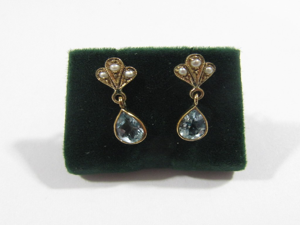 Appraisal: Edwardian ct gold seed pearl and aquamarine drop earrings