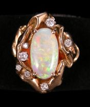 Appraisal: Ladies K Yellow Gold Austrian Opal and Diamond Ring Ladies