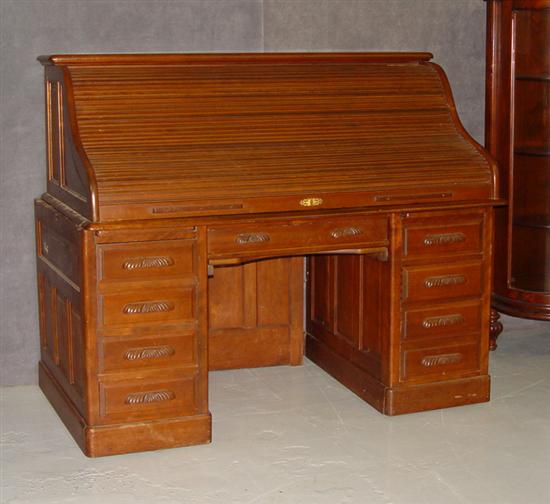 Appraisal: S-Curved Walnut Roll Top Desk Circa Cubby hole interior Raised