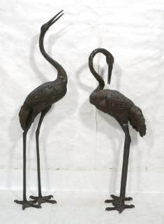 Appraisal: Pr Large Oversized Bronze Crane Figures standi Pr Large Oversized