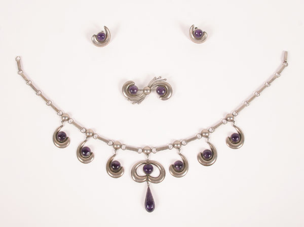 Appraisal: Modernist Mexican Sterling Amethyst Necklace pin and earring set All