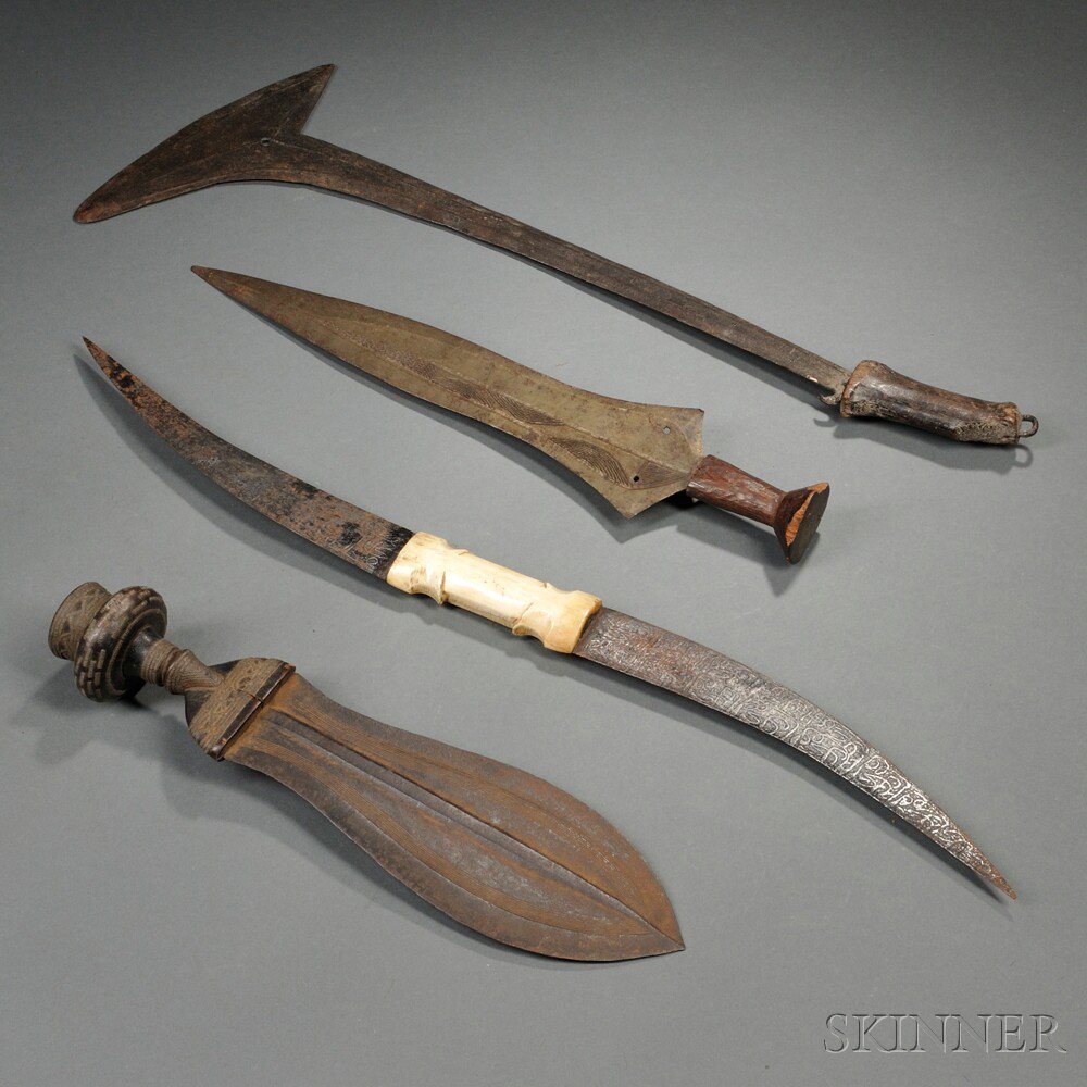 Appraisal: Four African Weapons a Kuba prestige knife a bird-head throwing