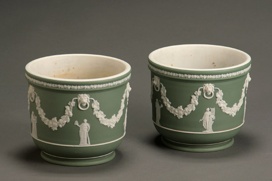 Appraisal: Pair of Wedgwood Sage Green Jasper Dip Jardini res Last