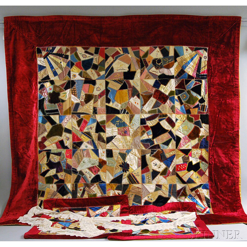 Appraisal: Victorian Crazy Quilt Two Pillow Shams and a Lace Border