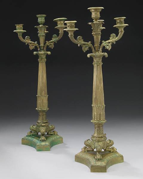 Appraisal: A pair of Empire style gilt bronze four light candelabra