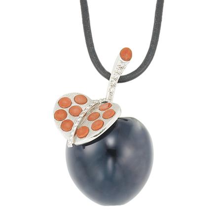 Appraisal: White Gold Black Onyx Coral and Diamond Apple Pendant with