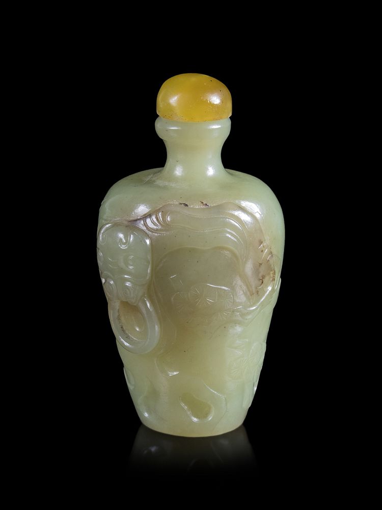 Appraisal: A Carved Yellow Jade 'Crane and Pine' Snuff Bottle A