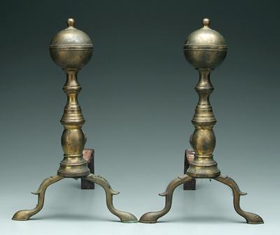 Appraisal: Pair Federal brass andirons spur arches slipper feet nipple finials