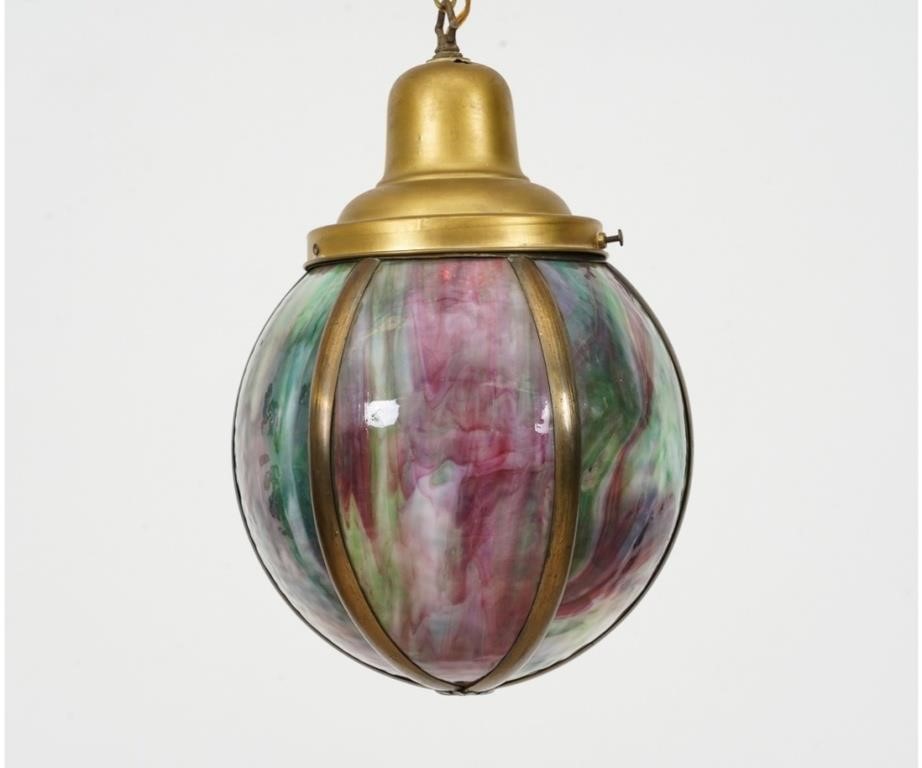 Appraisal: Colorful slag glass and brass hanging hall lamp circa h