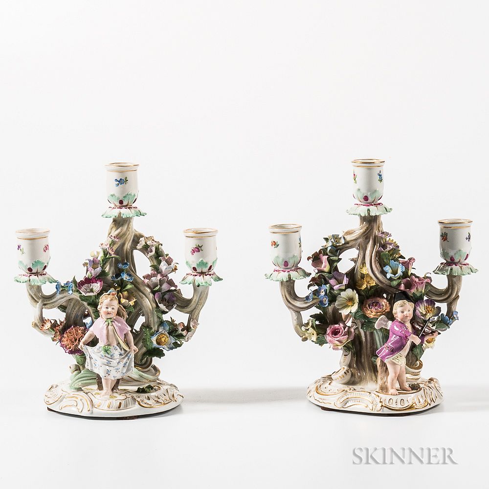 Appraisal: Two Similar Meissen Porcelain Three-light Figural Candelabras Two Similar Meissen