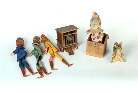 Appraisal: FIVE TOYS Probably Germany late th-early th century Jack-in-the-box with