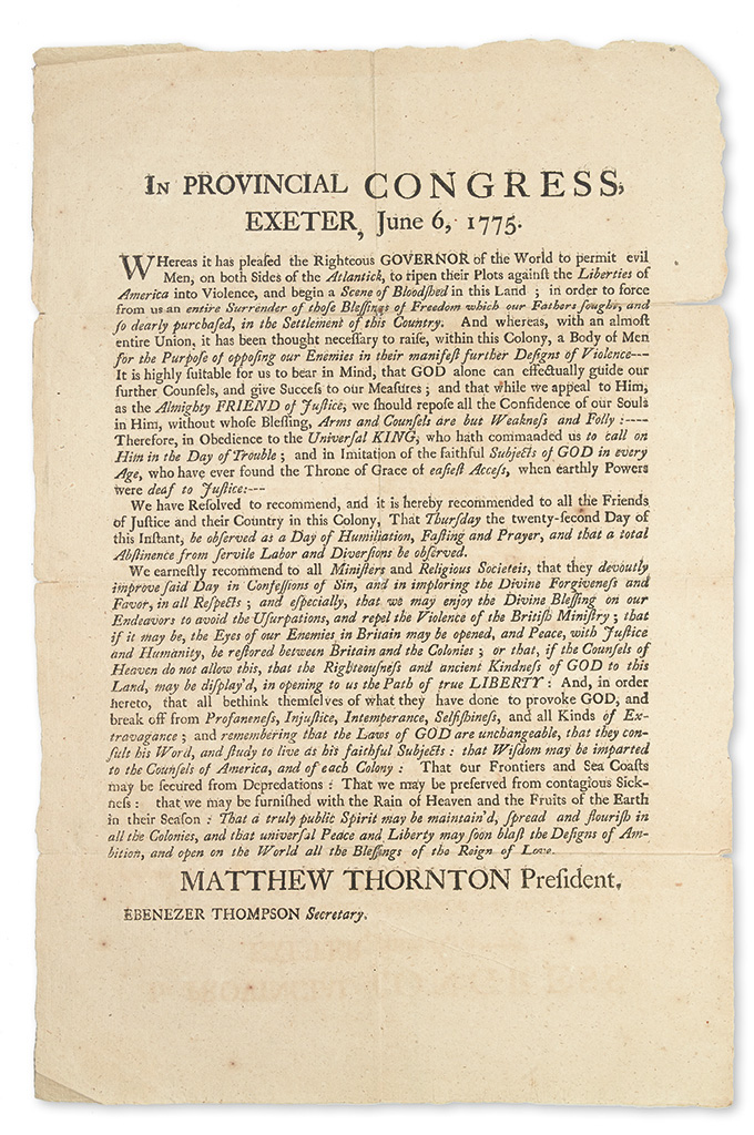 Appraisal: AMERICAN REVOLUTION Thornton Matthew In Provincial Congress Exeter Whereas it