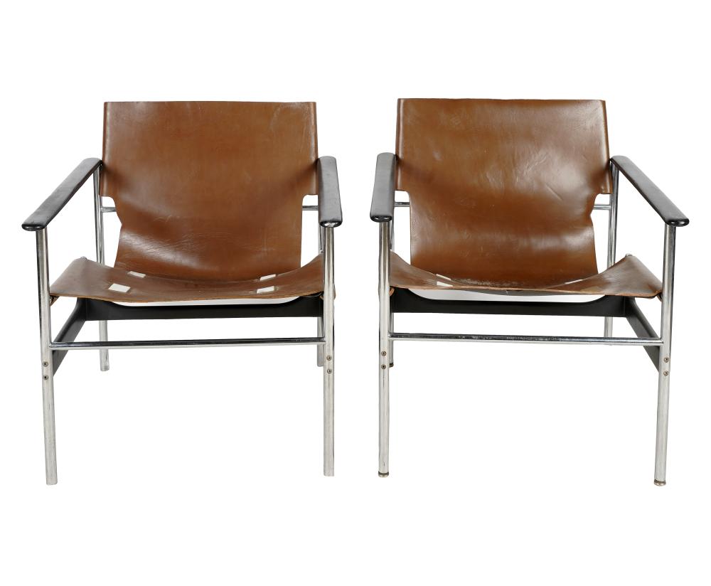 Appraisal: PAIR OF CHARLES POLLOCK FOR KNOLL ARMCHAIRSunsigned brown leather and