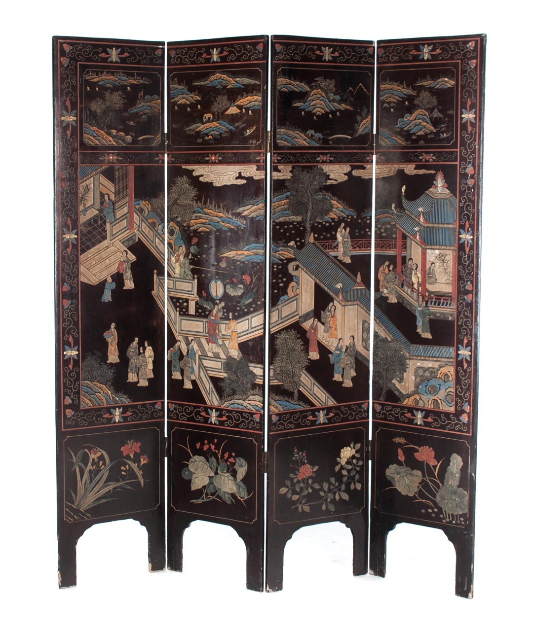 Appraisal: Japanese coromandel four-panel screen black background with figure and sacred