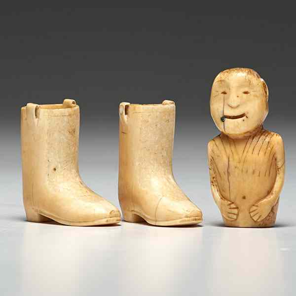 Appraisal: Eskimo Walrus Ivory Boots and Figure Collected by Admiral Jefferson