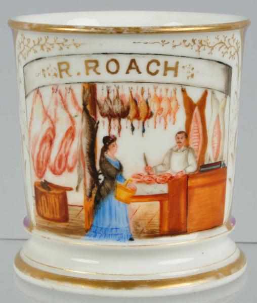 Appraisal: Butcher's Shaving Mug Description Stunning image of woman at butcher's