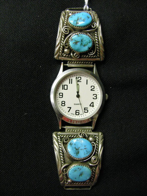 Appraisal: STERLING AND TURQUOISE WATCH BAND Marked sterling