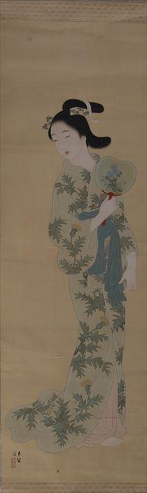 Appraisal: Japanese School Bijin with Fan Watercolor on silk artist's chop