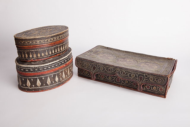 Appraisal: A GROUP OF THREE LEATHER AND INLAID BOXES two oval