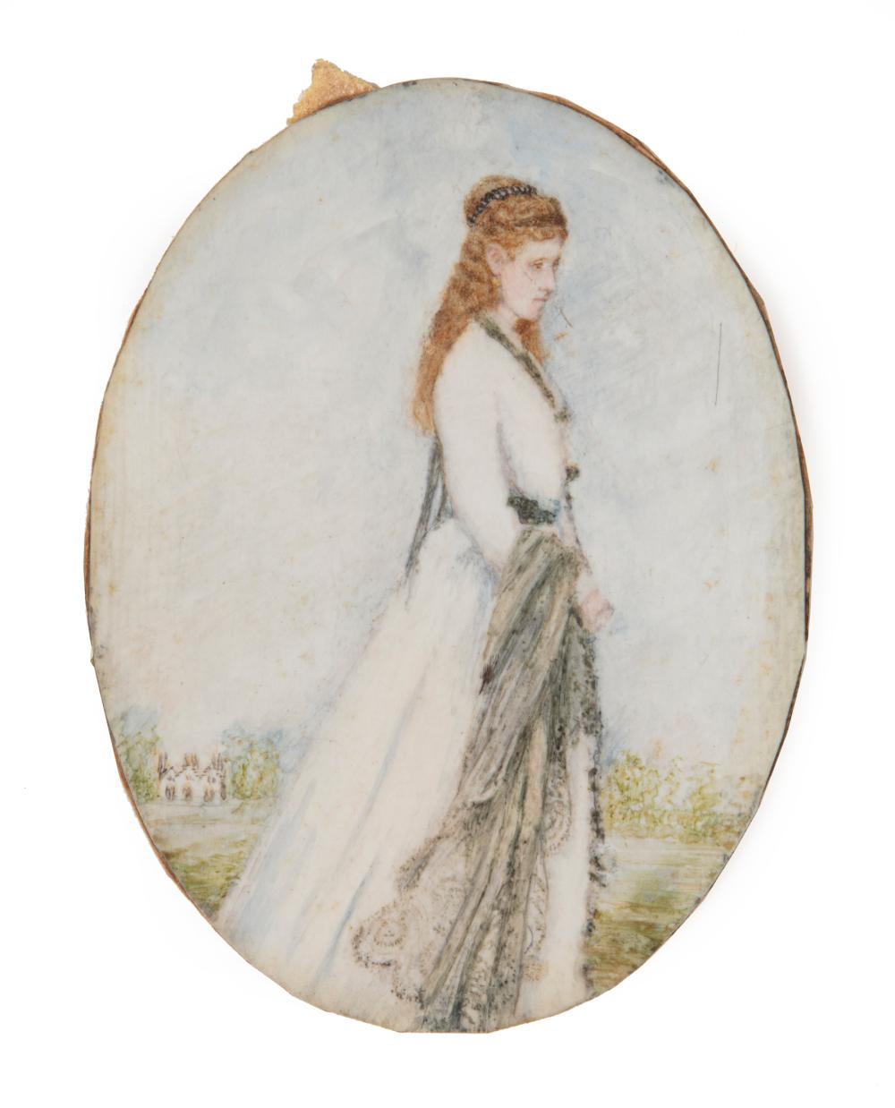 Appraisal: Miniature Watercolor of Lady on an Afternoon Stroll th c