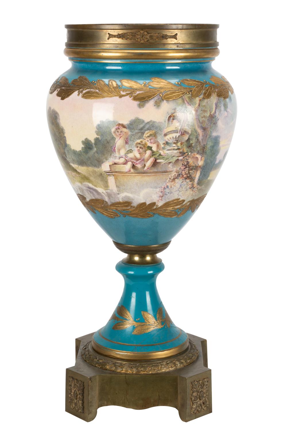 Appraisal: LARGE SEVRES-STYLE PORCELAIN URNlate th early th century Sevres-style interlaced