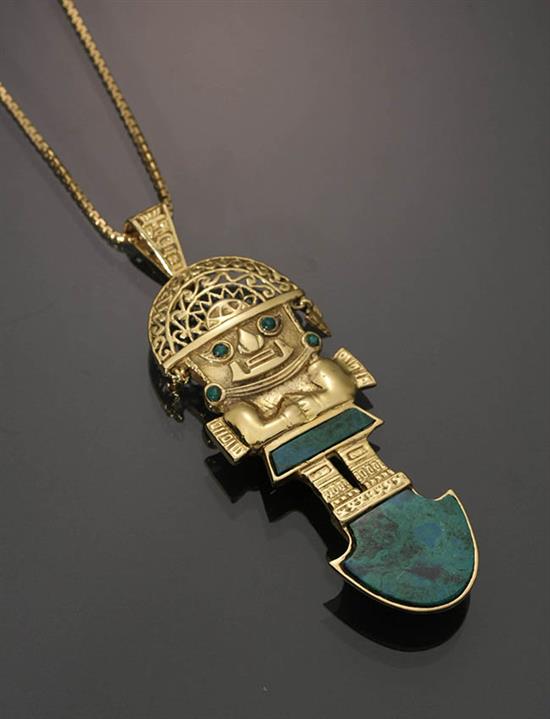 Appraisal: Matinee Length -Karat Yellow-Gold and Malachite 'Aztec Chief' Pendant Necklace