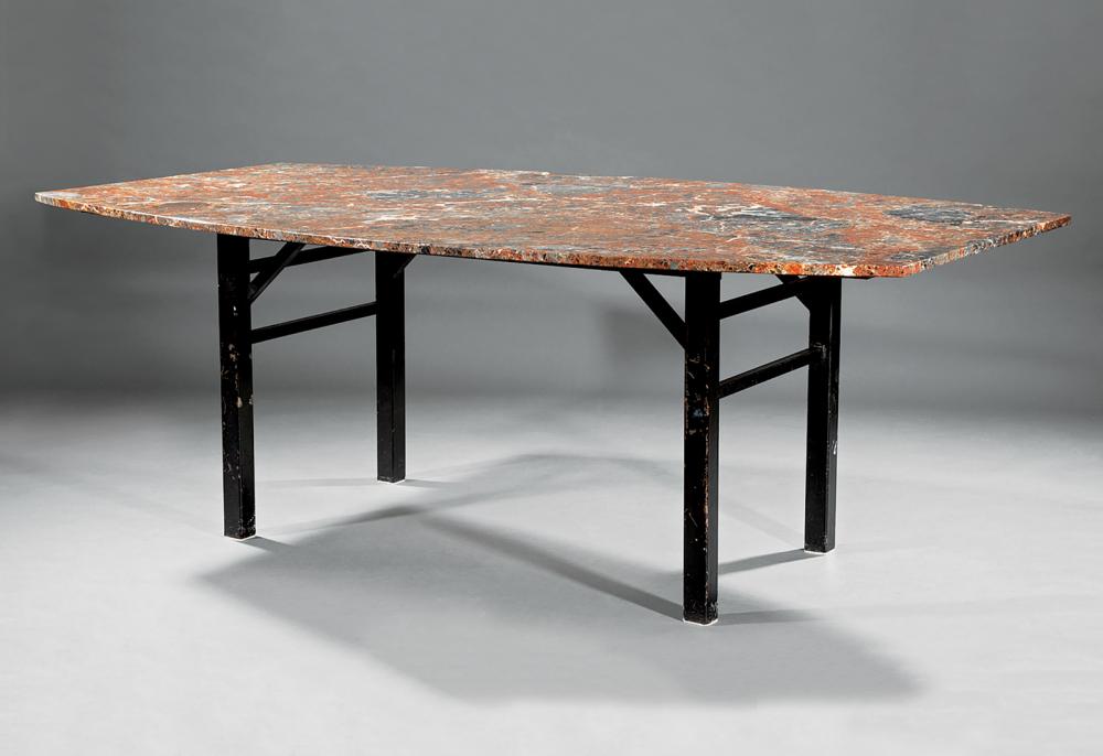 Appraisal: Contemporary Variegated Marble Dining Table shaped top ebonized straight legs