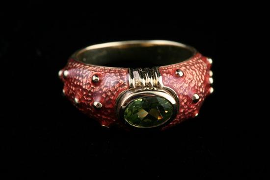 Appraisal: HIDALGO K YELLOW GOLD PERIDOT AND ROSE ENAMEL RING Horizontally