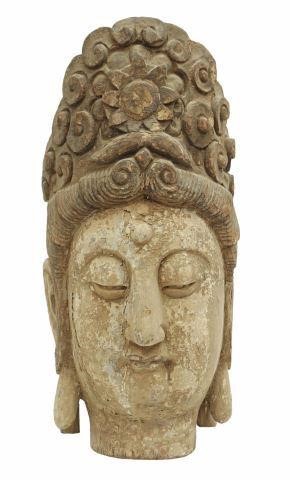 Appraisal: Chinese carved wood Guanyin head with elongated earlobes baihao forehead