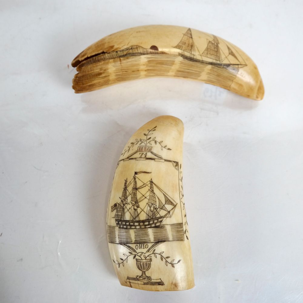 Appraisal: Two Scrimshaw Tooth Carvings Ohio Schooners One depicting a two-masted