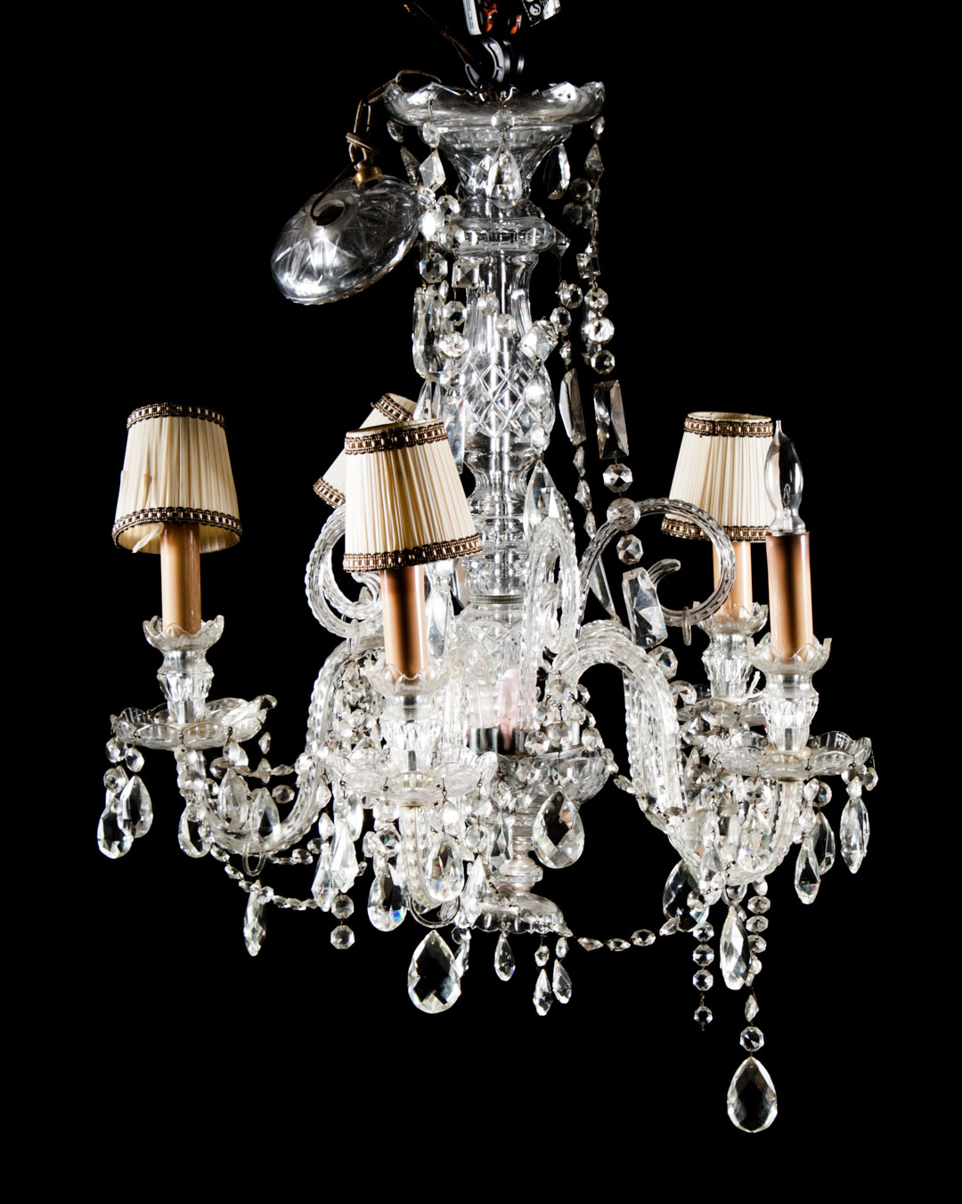 Appraisal: Anglo-Irish crystal five-light chandelier possibly Waterford with hanging prisms approx