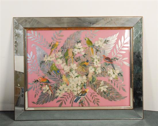 Appraisal: Large Reverse-Painted Picture of Parrots mirrored-glass frame some loss and