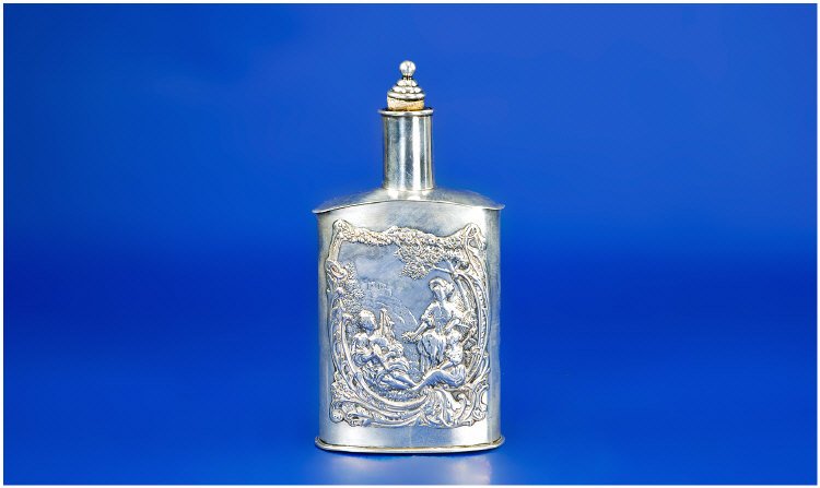 Appraisal: th Century Silver Hip Flask Embossed with a romantic scene