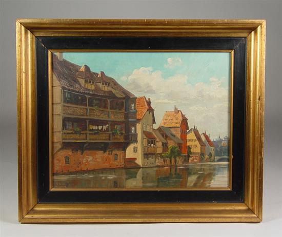 Appraisal: European Oil on Canvas th Century Houses along canal Signed