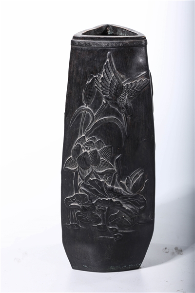 Appraisal: Chinese bronze triangular vase with cranes birds and flowers in