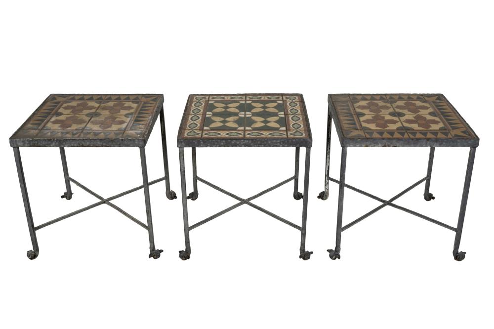 Appraisal: SET OF THREE CALIFORNIA TILE-INSET IRON END TABLESeach table with