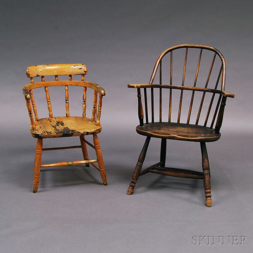 Appraisal: Two Windsor-type Chairs an orange-painted captain's chair and a black-painted