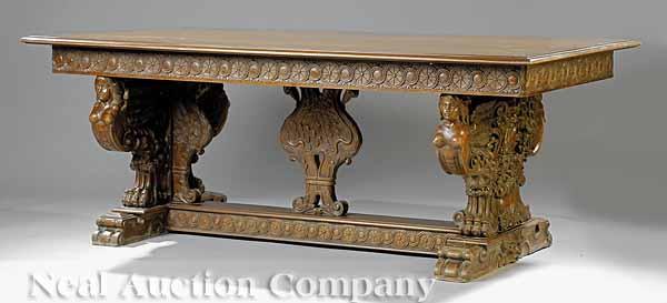 Appraisal: A Continental Renaissance-Style Highly Carved Walnut Refectory Table th c