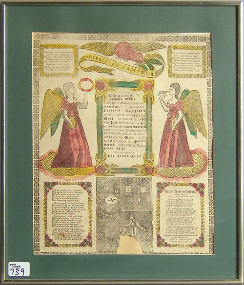 Appraisal: Printed and hand colored fraktur by John Dreisbach Temperance Hall