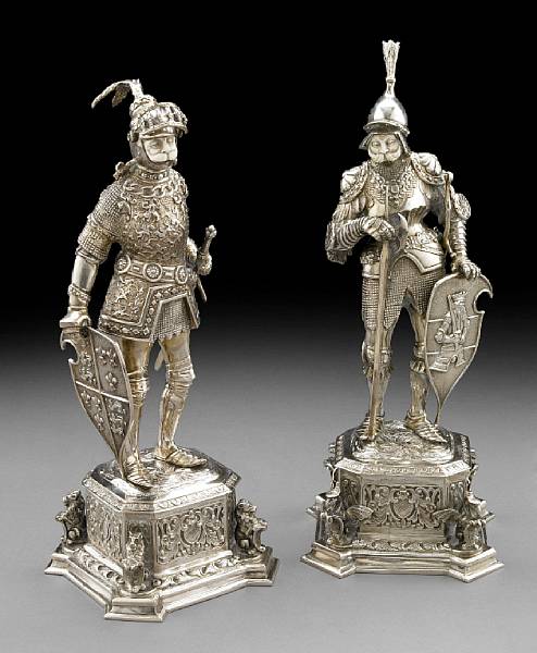 Appraisal: A pair of Continental sterling silver models of knights Modeled