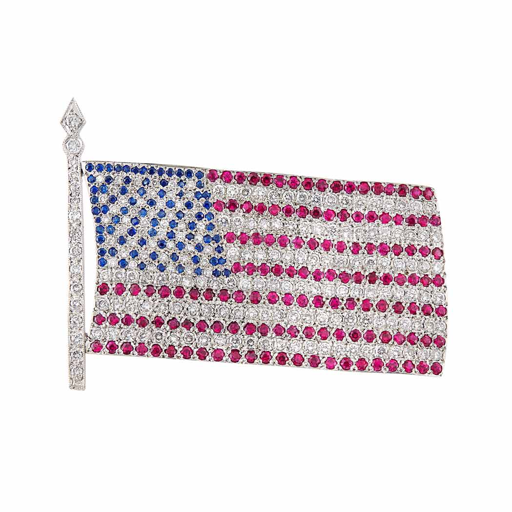 Appraisal: Platinum Ruby Sapphire and Diamond U S Flag Brooch round