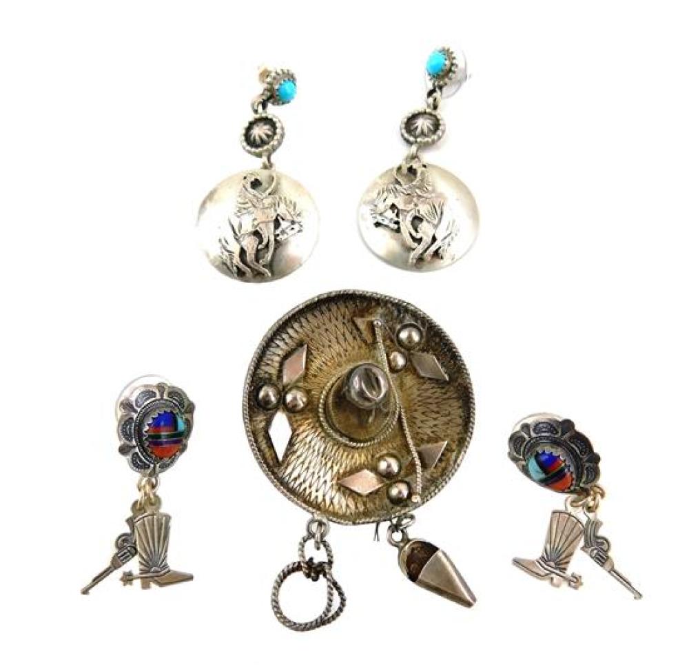 Appraisal: JEWELRY Western themed sterling and coin silver three pieces including