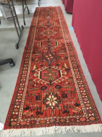 Appraisal: Heriz Persian Handmade Runner geometrics on deep salmon field '