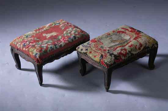 Appraisal: PAIR LOUIS XV CARVED FRUITWOOD FOOTSTOOLS WITH TH CENTURY NEEDLEWORK