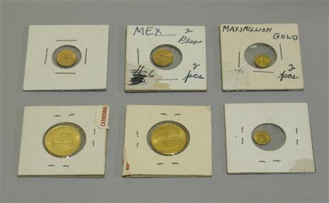 Appraisal: SIX GOLD PESO PIECES Including two Mexican Maximilion gold pieces